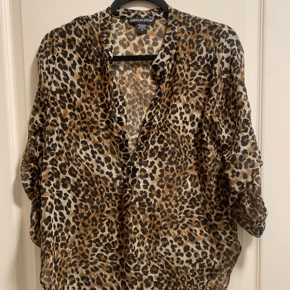 Leopard sheer button top 3/4 sleeves sexy summer fall classic work party blouse